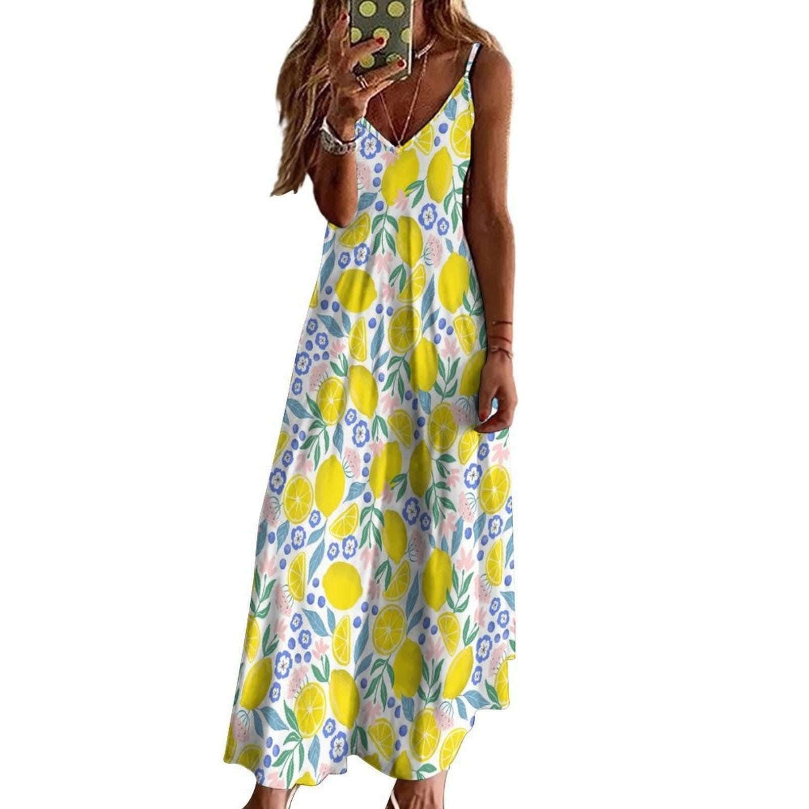 Lemon floral sundress, pastel fruit print dress, cottage summer outfit idea, dopamine fashion vibe, picnic brunch aesthetic clothing piece