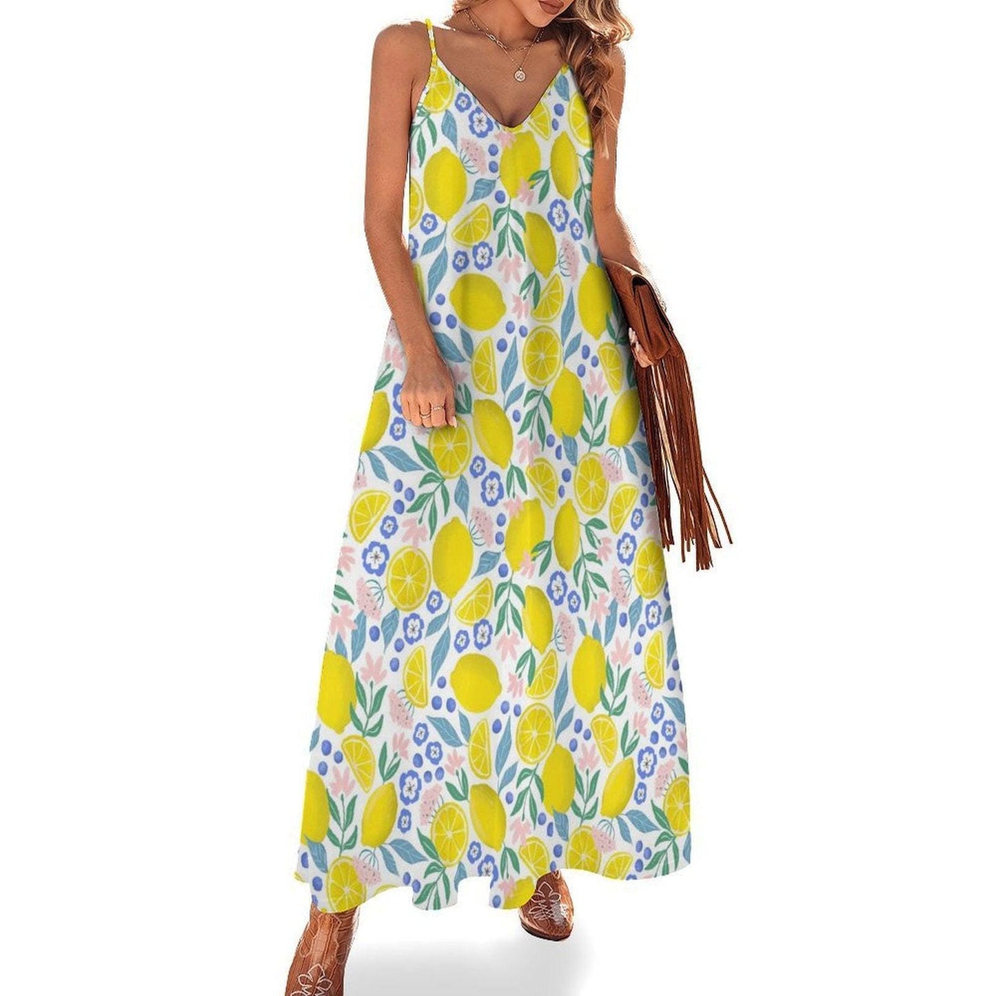 Lemon floral sundress, pastel fruit print dress, cottage summer outfit idea, dopamine fashion vibe, picnic brunch aesthetic clothing piece