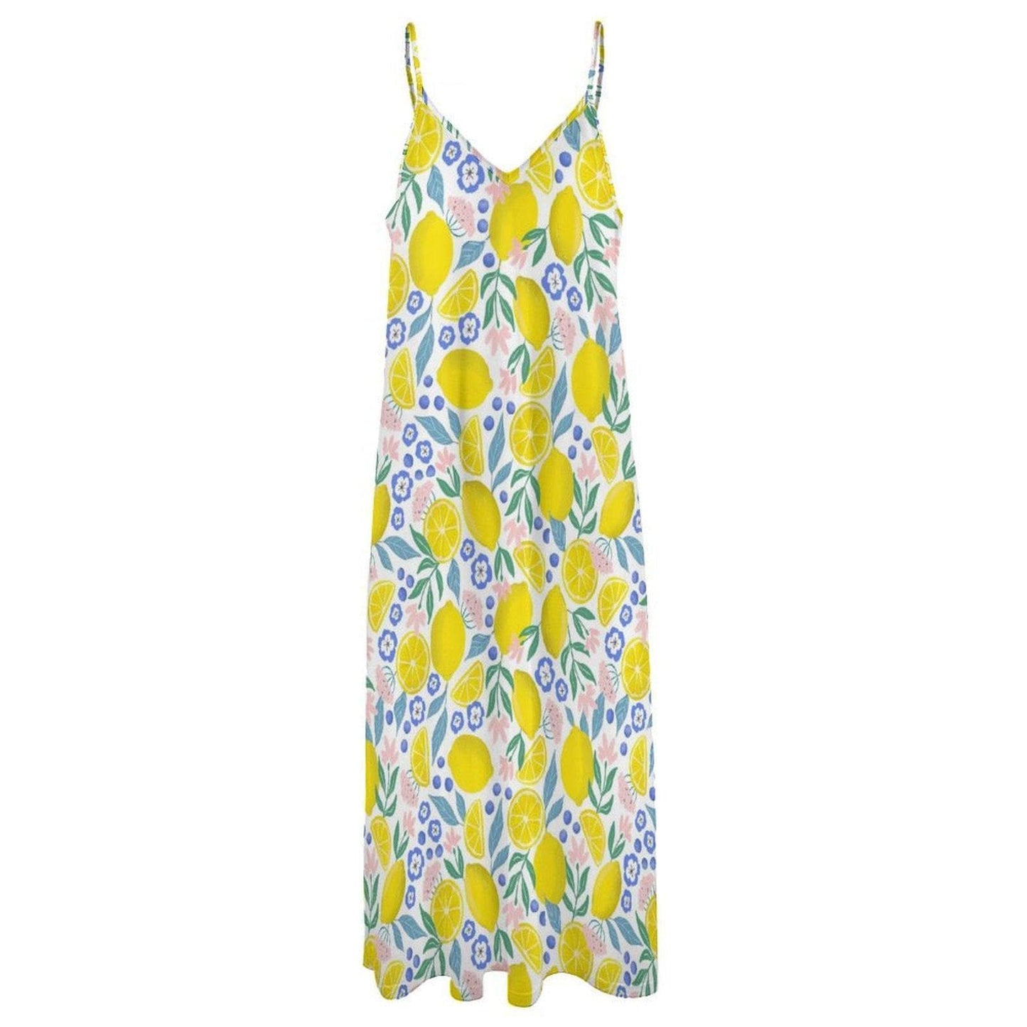 Lemon floral sundress, pastel fruit print dress, cottage summer outfit idea, dopamine fashion vibe, picnic brunch aesthetic clothing piece