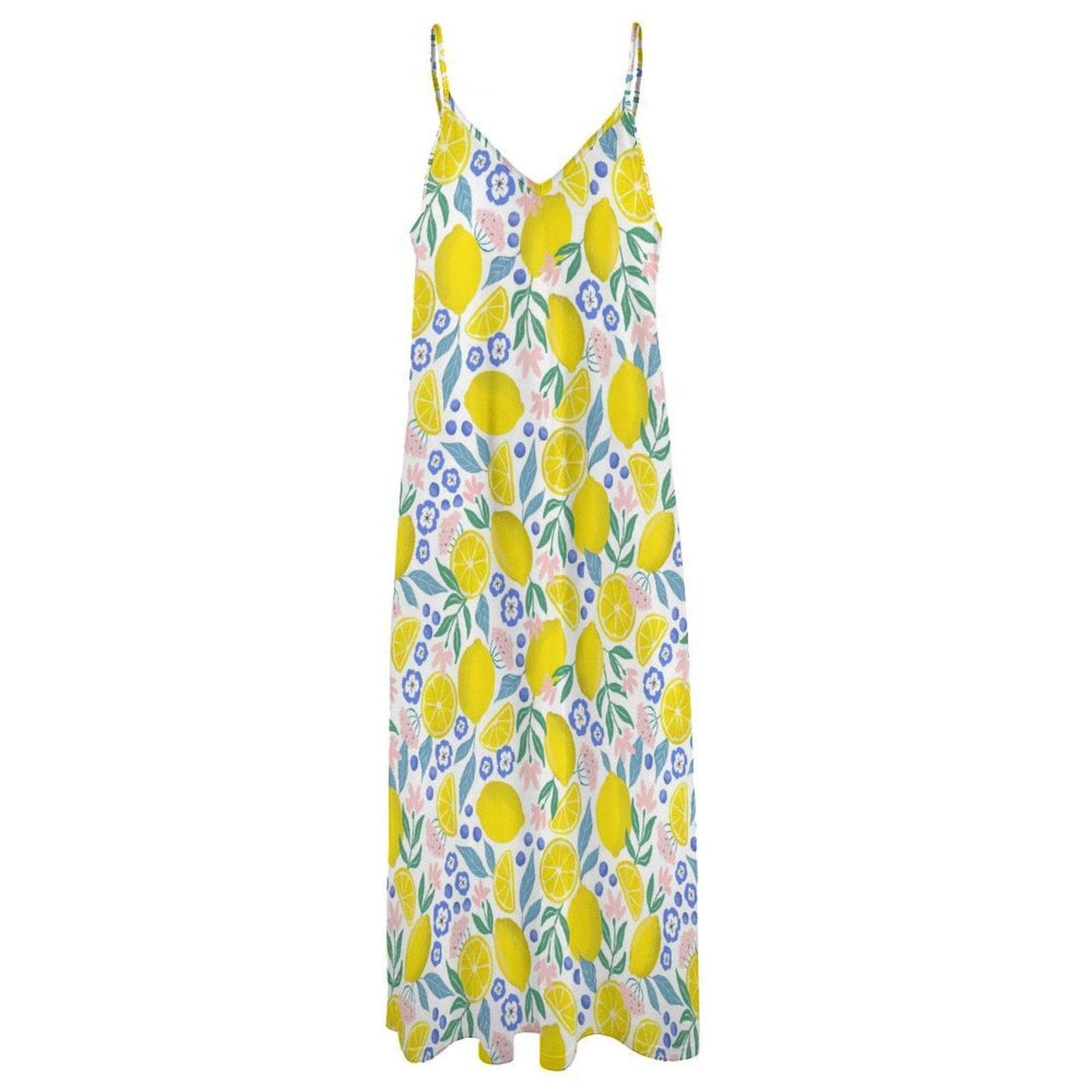 Lemon floral sundress, pastel fruit print dress, cottage summer outfit idea, dopamine fashion vibe, picnic brunch aesthetic clothing piece