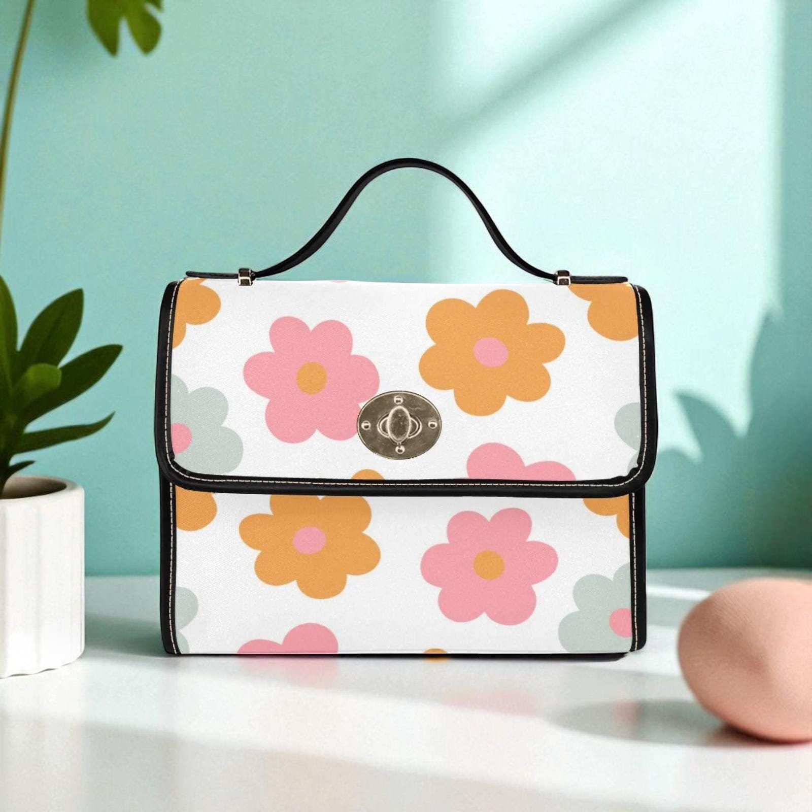 Retro Daisy Flower Power Satchel Purse, Pastel Cottagecore Crossbody Bag, Waterproof Canvas, Spring Handbag