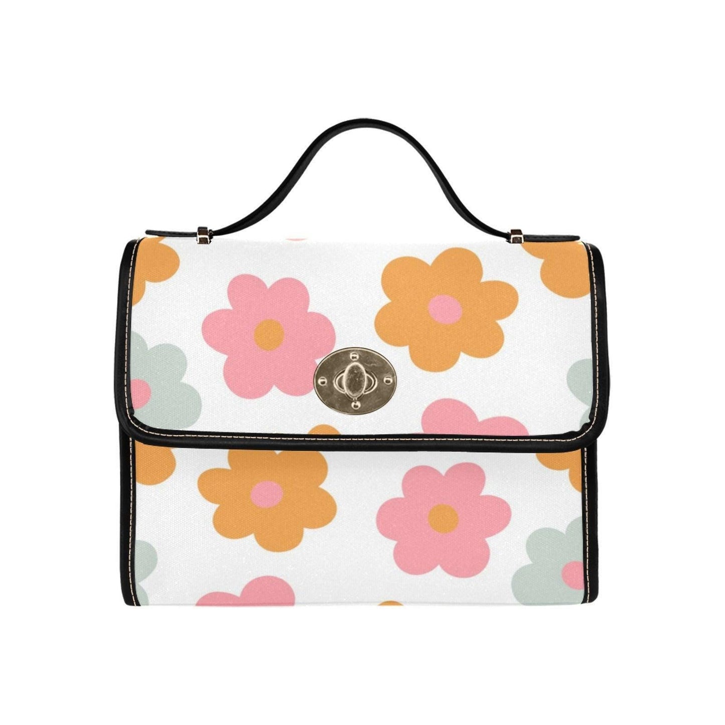 Retro Daisy Flower Power Satchel Purse, Pastel Cottagecore Crossbody Bag, Waterproof Canvas, Spring Handbag