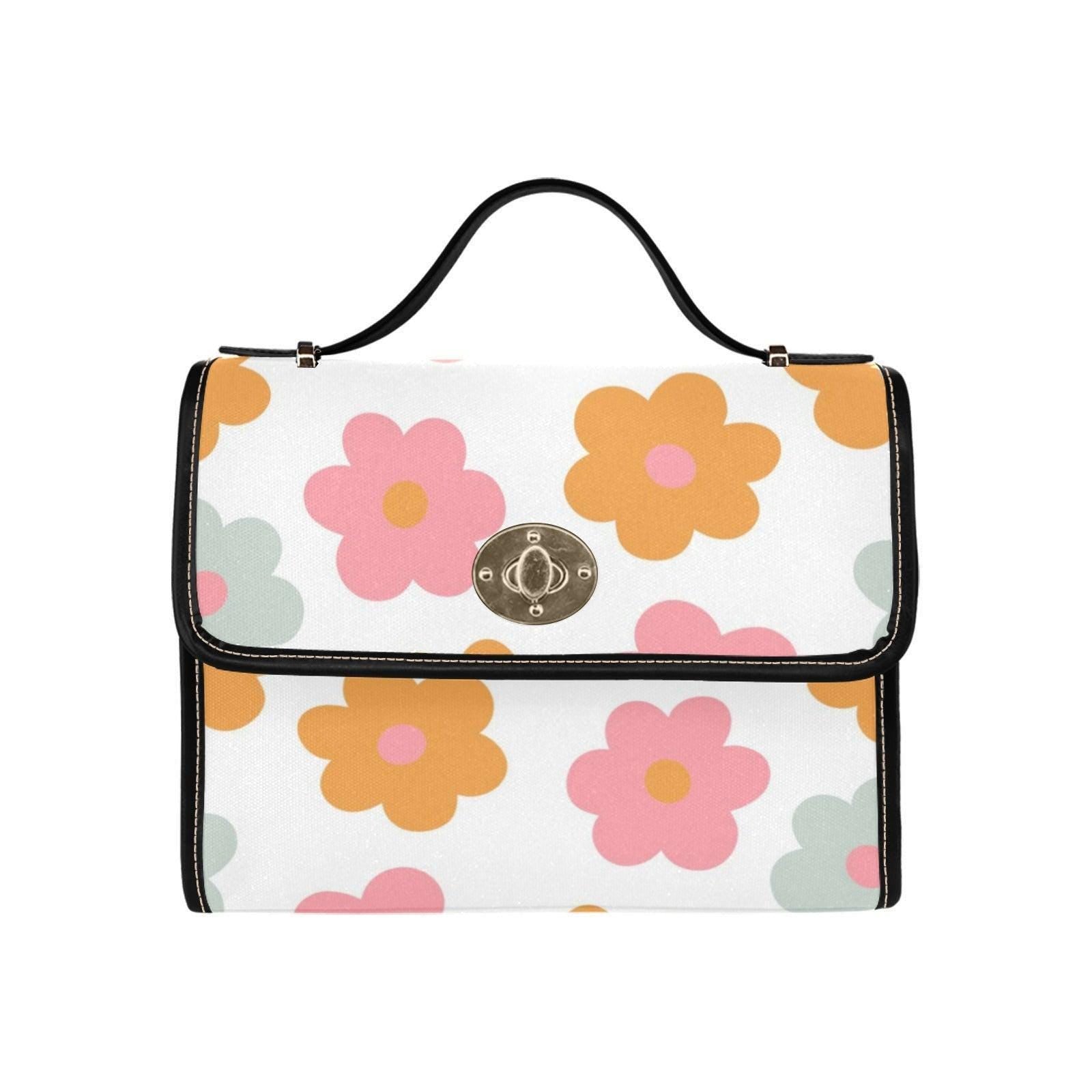 Retro Daisy Flower Power Satchel Purse, Pastel Cottagecore Crossbody Bag, Waterproof Canvas, Spring Handbag