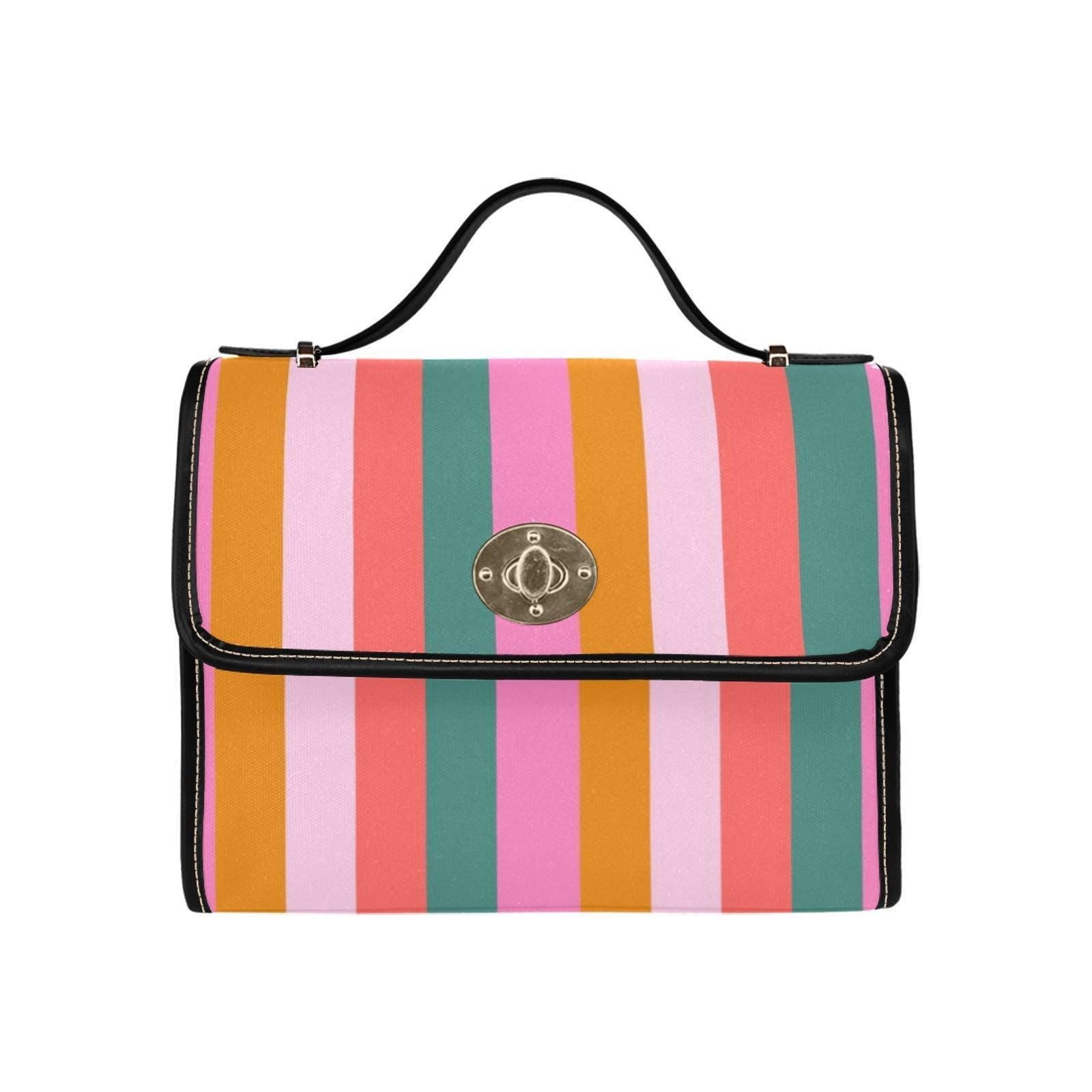 Colorful Striped Satchel Purse, Retro Top Handle Handbag, Groovy 70s Style Crossbody Bag