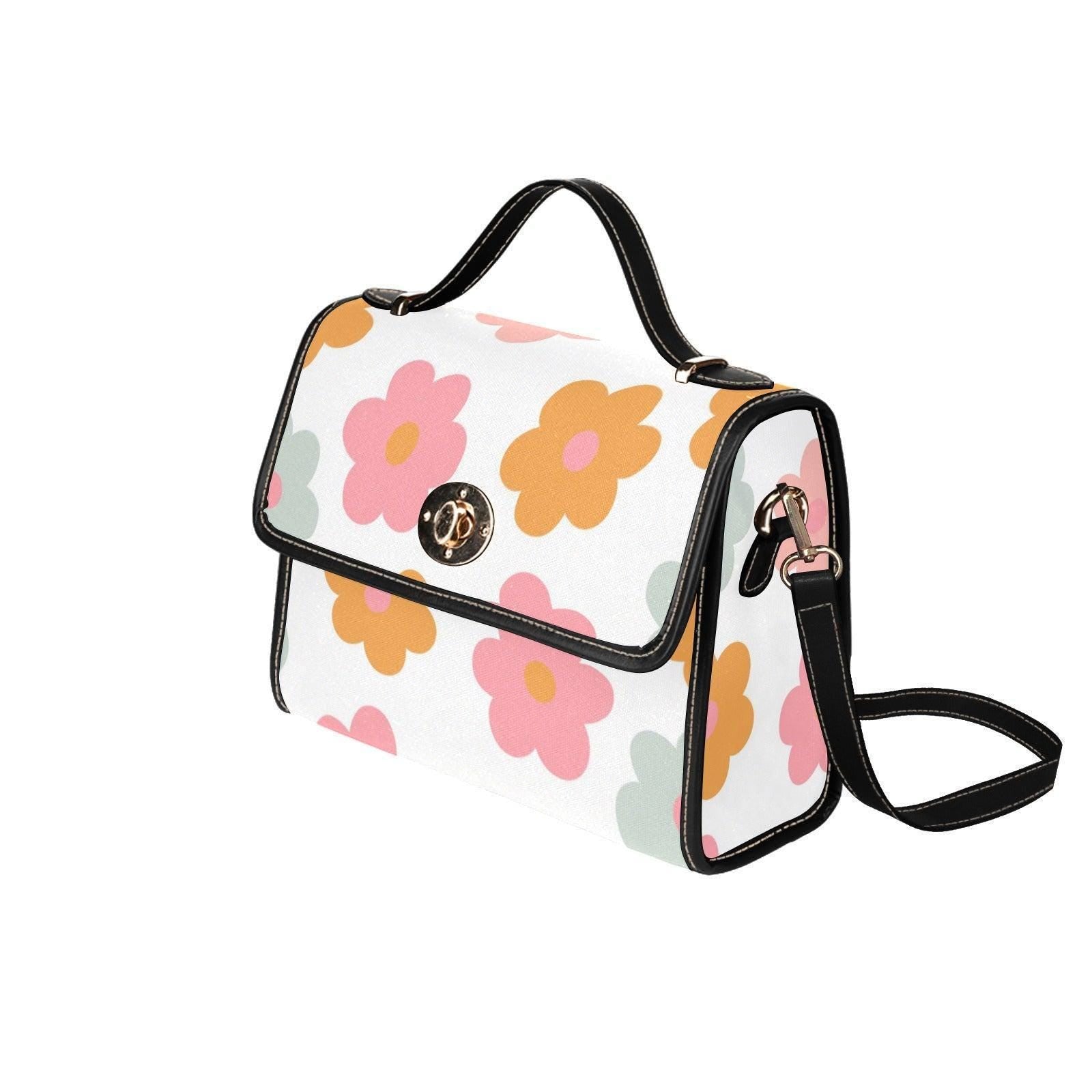 Retro Daisy Flower Power Satchel Purse, Pastel Cottagecore Crossbody Bag, Waterproof Canvas, Spring Handbag