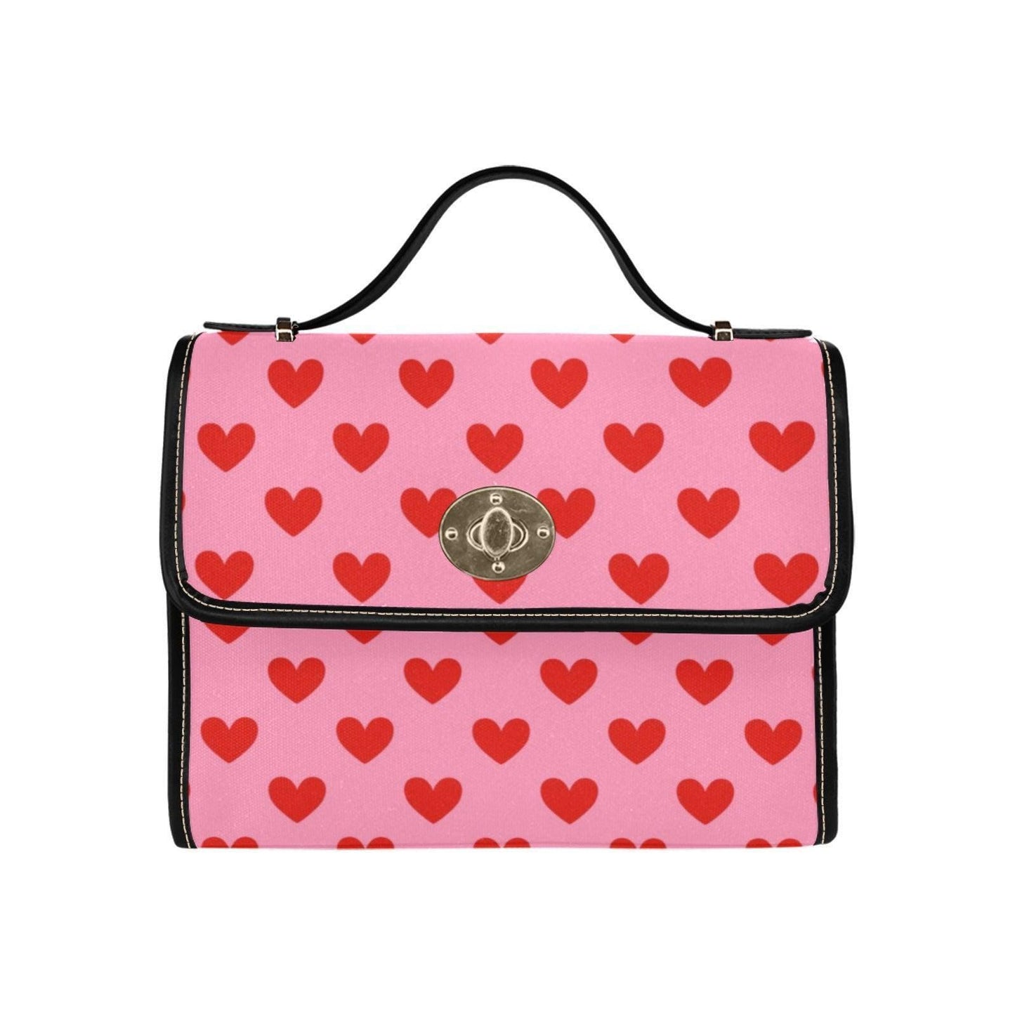 Pink Heart Crossbody Satchel Bag, Romantic Top Handle Handbag, Valentine Print Purse