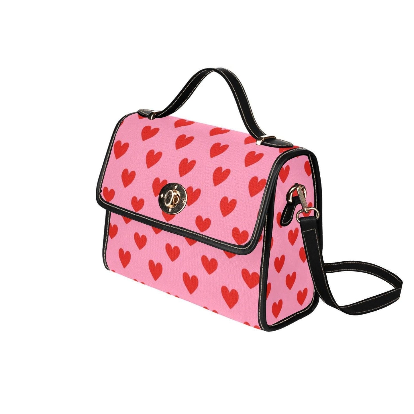 Pink Heart Crossbody Satchel Bag, Romantic Top Handle Handbag, Valentine Print Purse