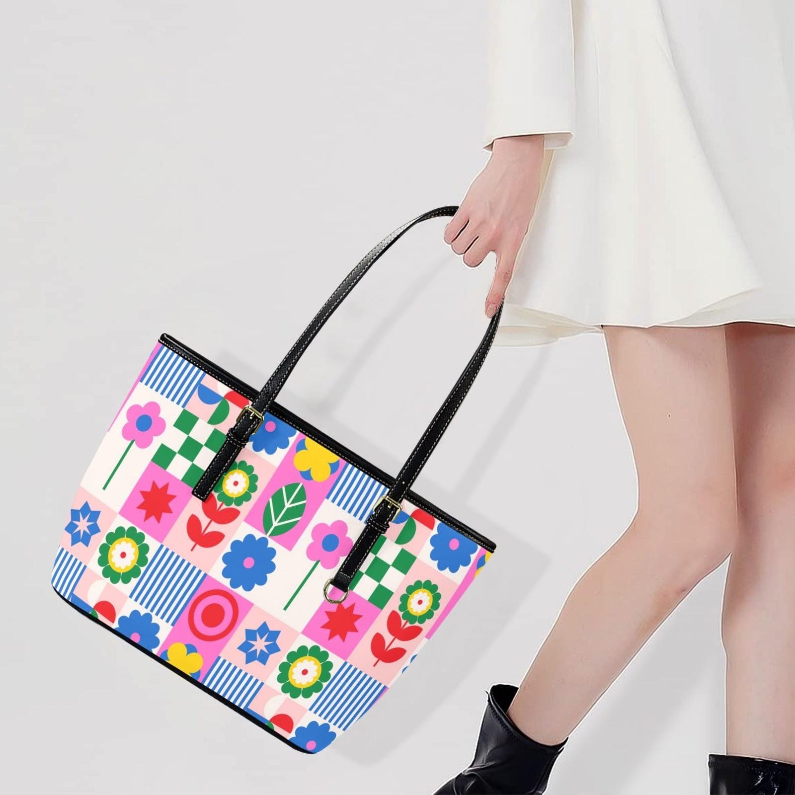 Geometric Folk Tote Bag, Color Block Shoulder Purse, Scandinavian Style Carryall, Playful Market Handbag
