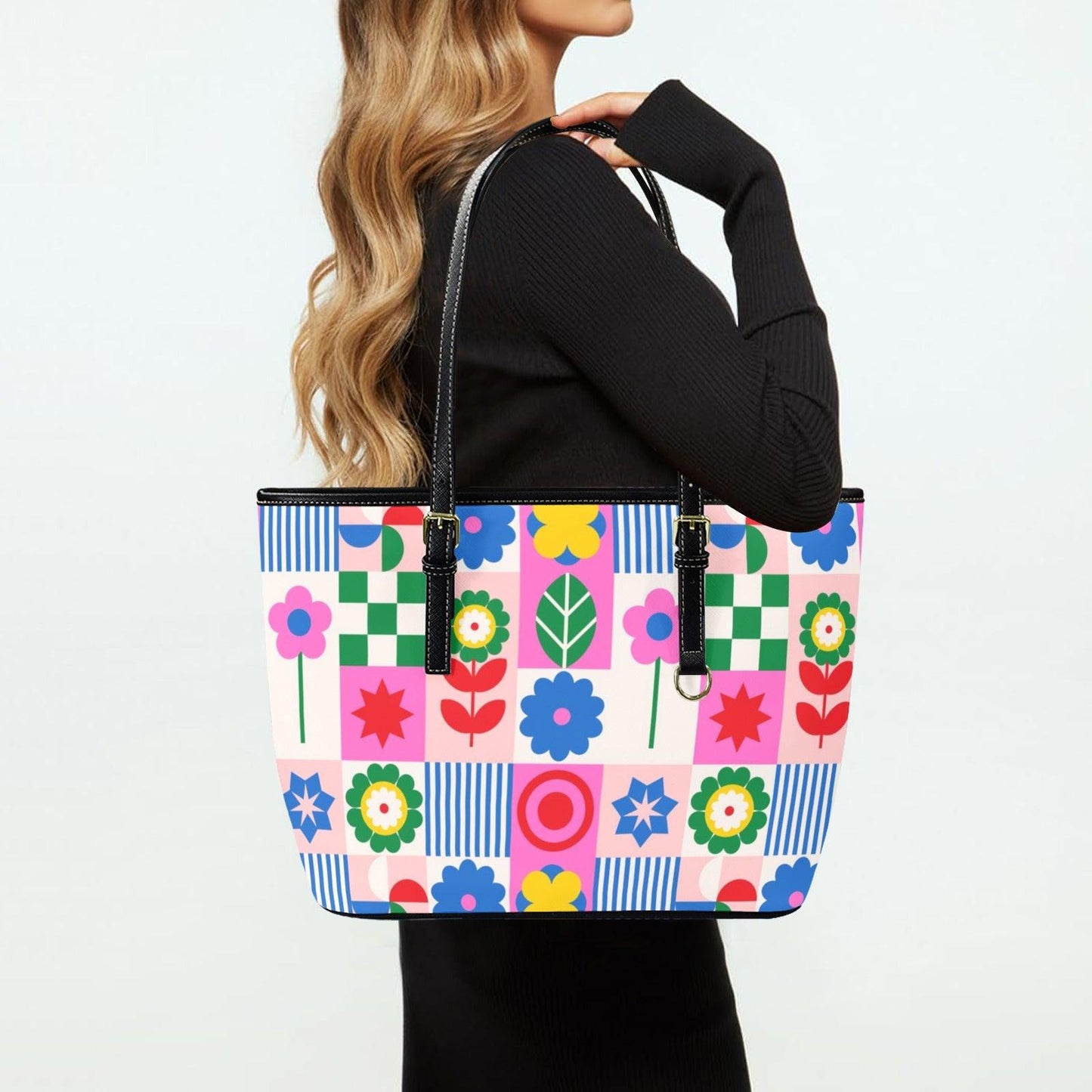 Geometric Folk Tote Bag, Color Block Shoulder Purse, Scandinavian Style Carryall, Playful Market Handbag