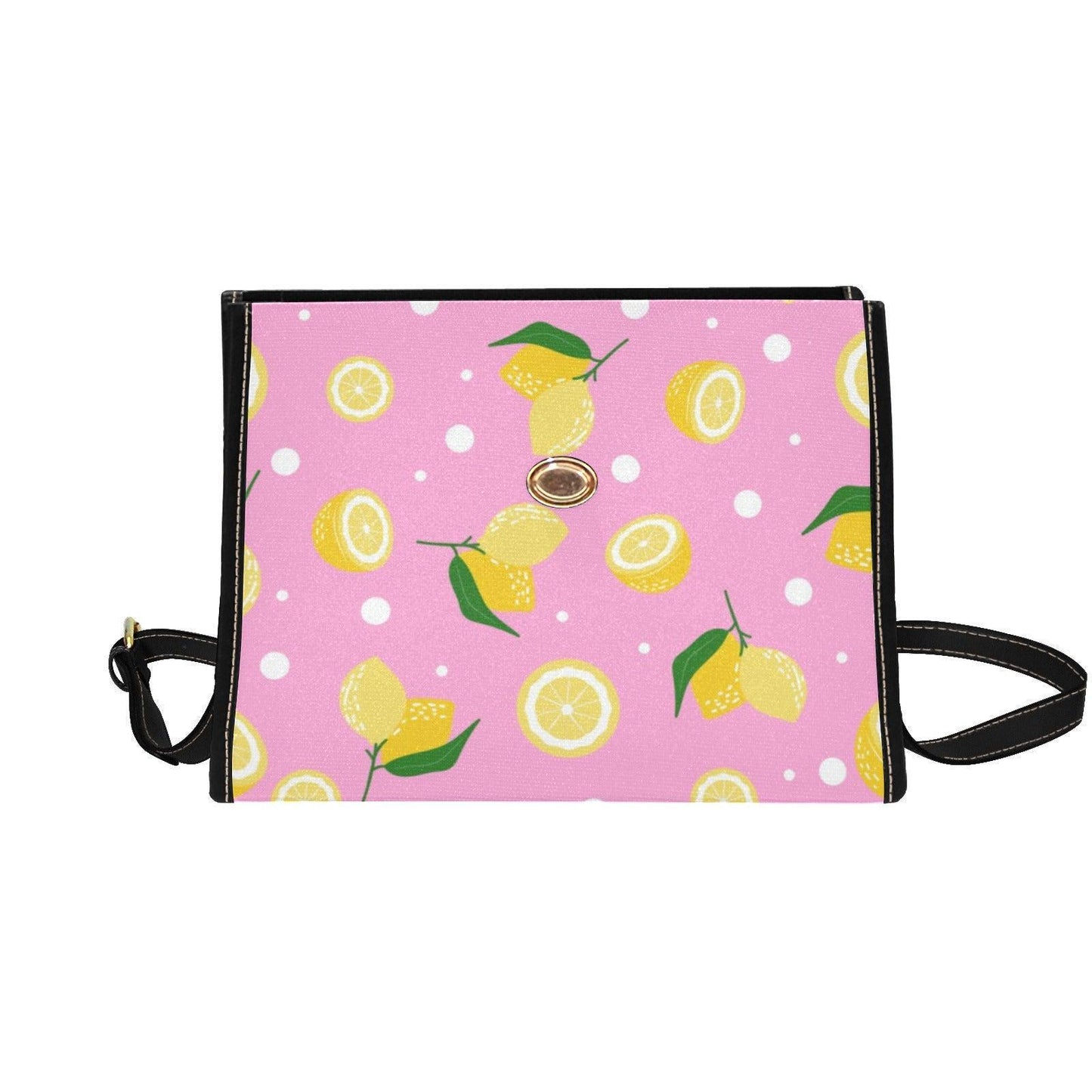 Pink Lemon Print Crossbody Bag, Vegan Leather Summer Satchel, Fruit Pattern Shoulder Bag