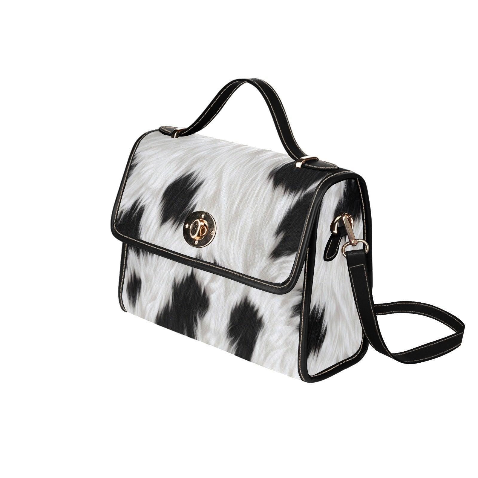 Faux Fur Cow Print Crossbody Bag, Plush Animal Pattern Handbag, Western Core, Kawaii Streetwear