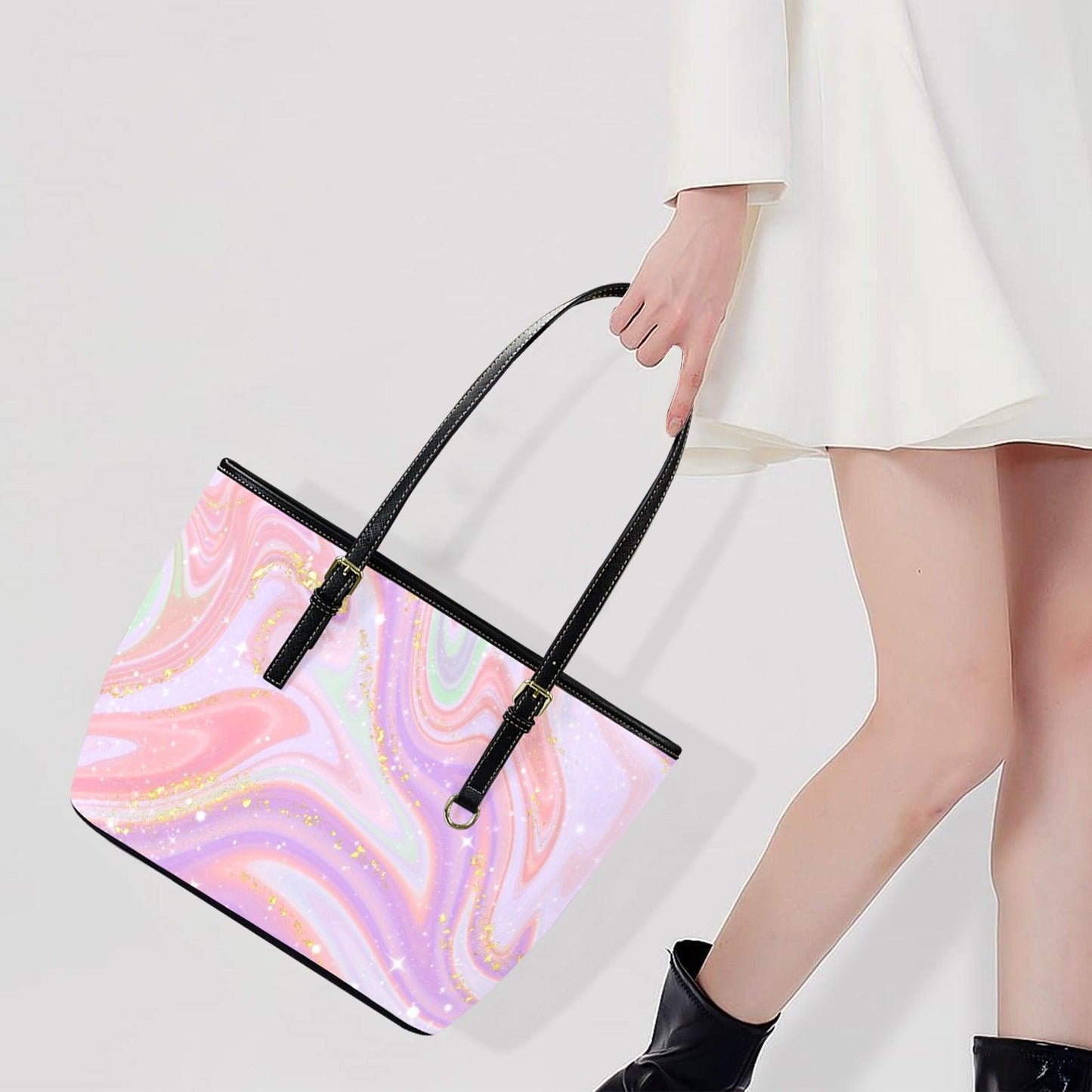 Pink Marble Tote Bag, Glitter Swirl Shoulder Purse, Dreamy Pastel Handbag, Coquette Style Carryall