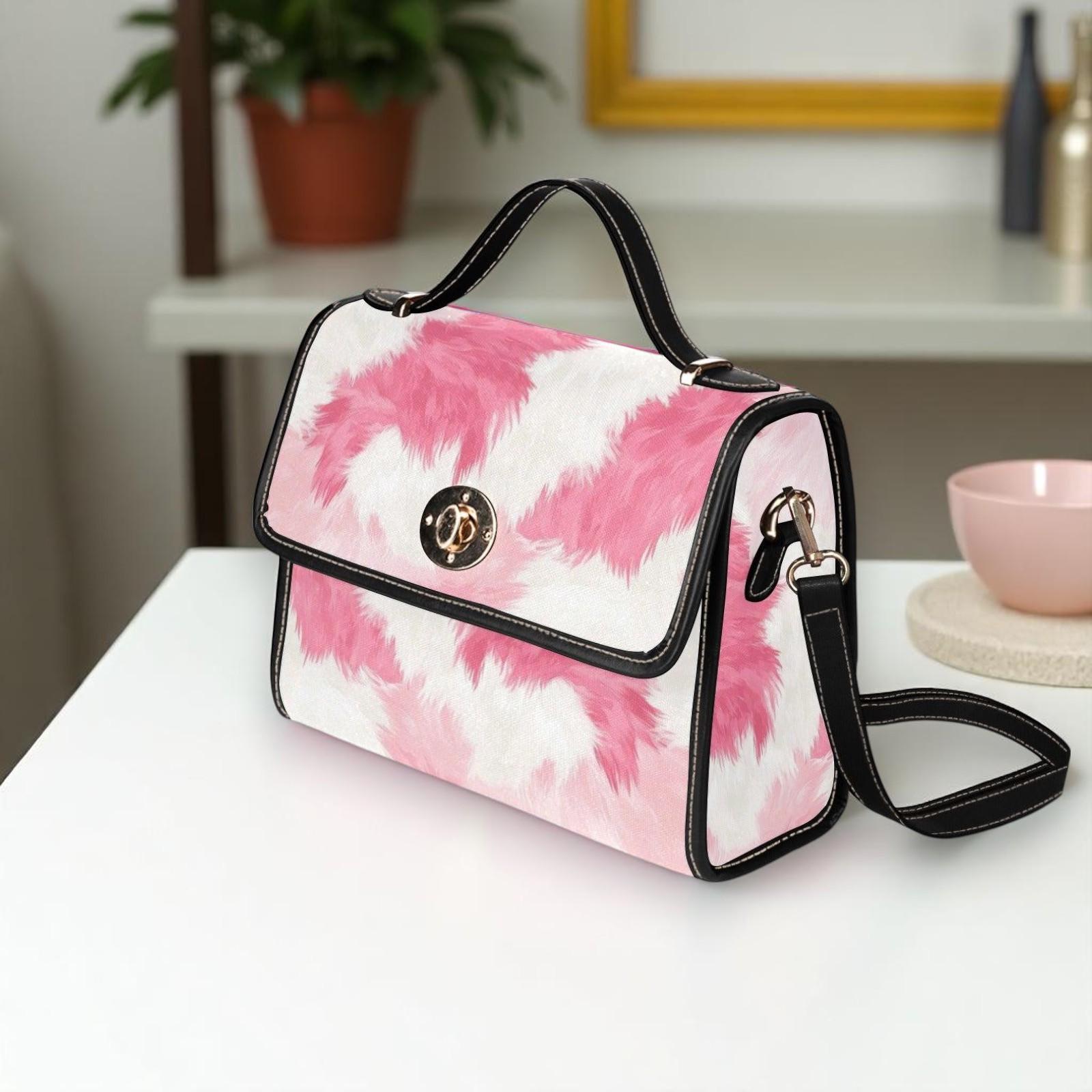 Pink Cow Print Crossbody Bag, Kawaii Pastel Faux Fur Purse