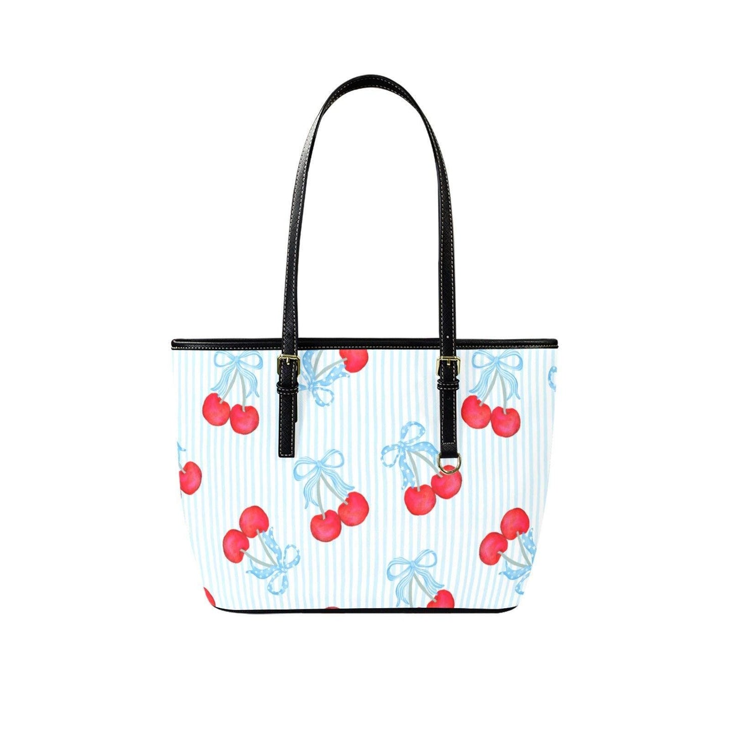 Cherry Bow Tote Purse, Blue Stripe Shoulder Bag, Sweet Picnic Carryall, Coquette Everyday Handbag