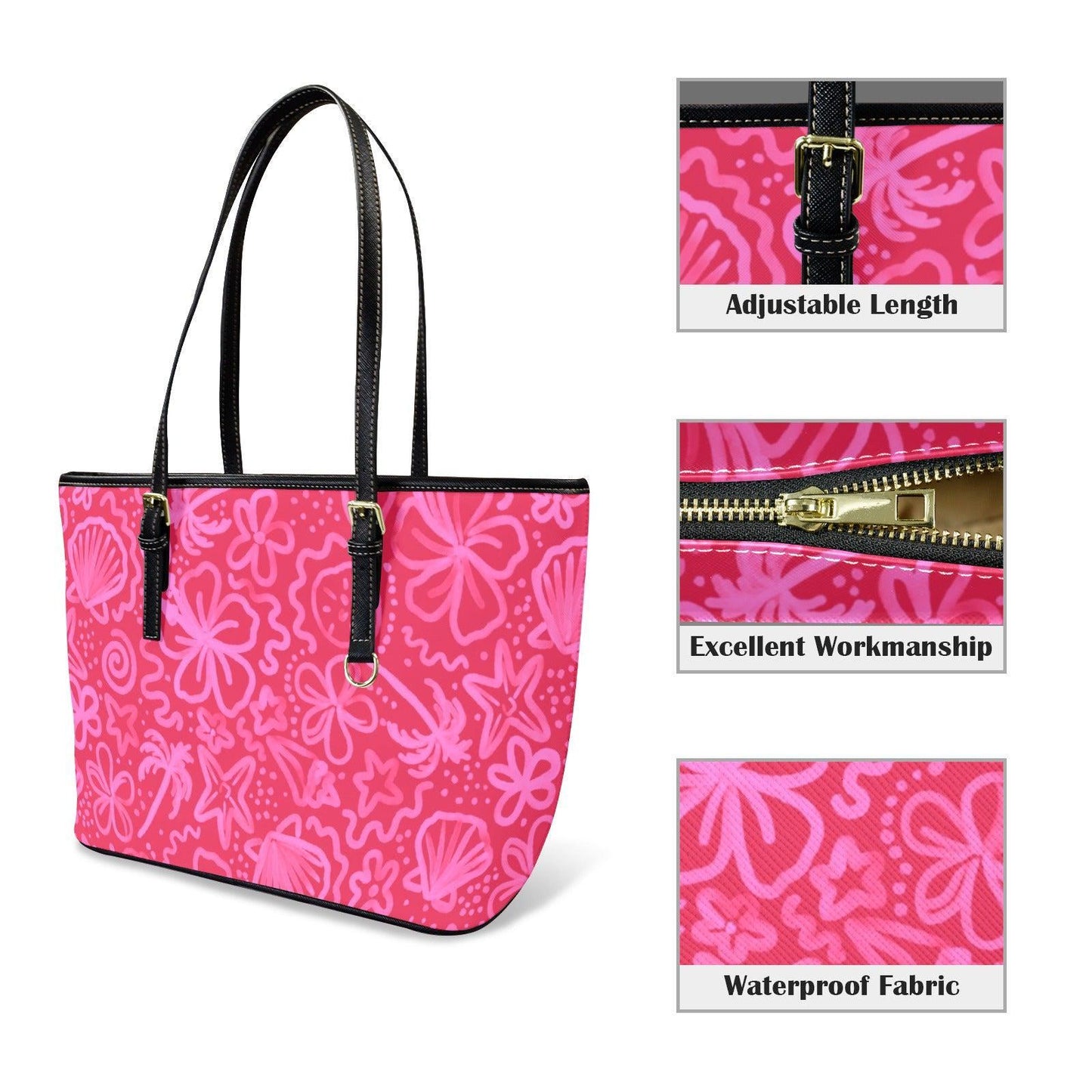Pink Beach Doodle Tote, Coastal Summer Shoulder Bag, Tropical Vacation Carryall, Poolside Resort Purse