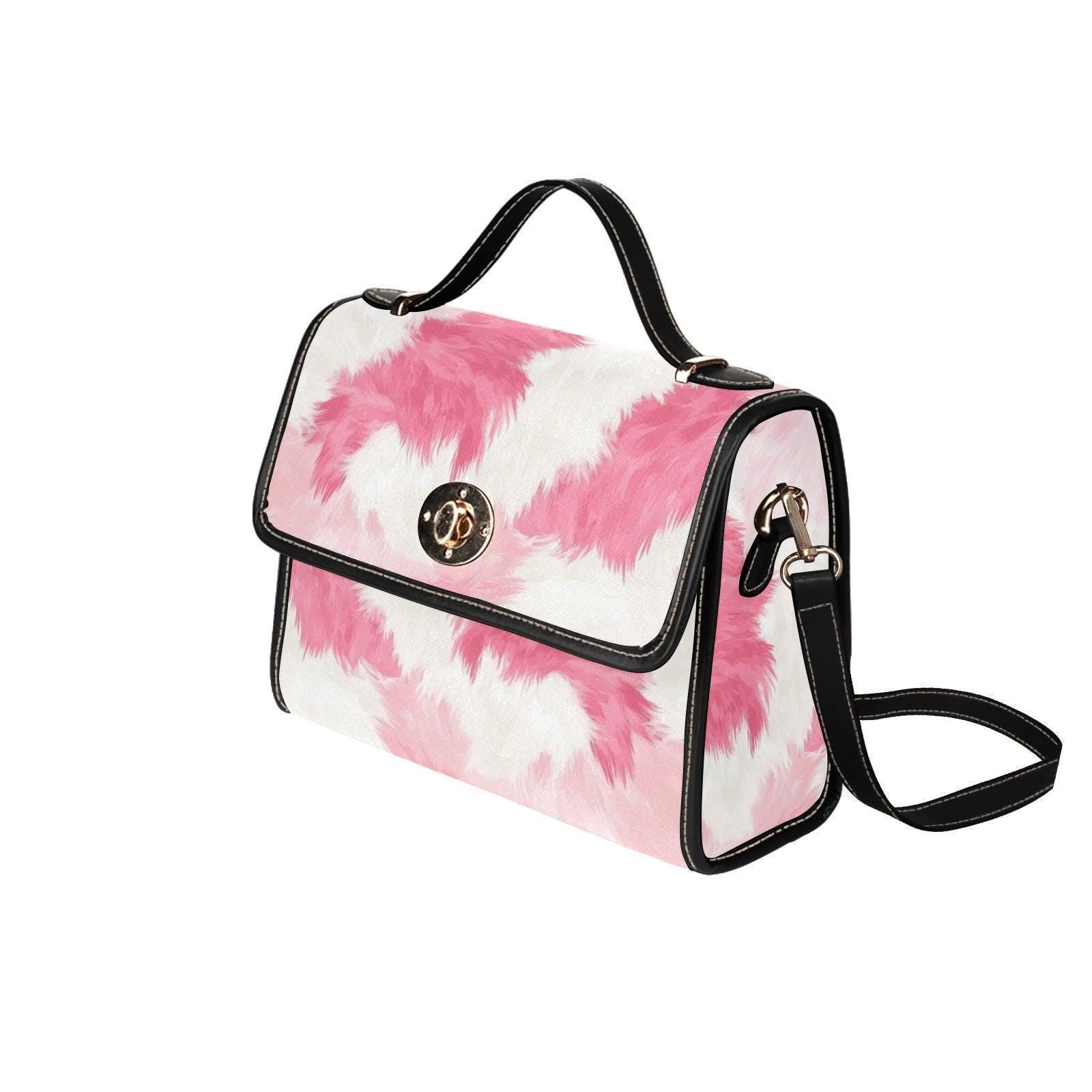 Pink Cow Print Crossbody Bag, Kawaii Pastel Faux Fur Purse