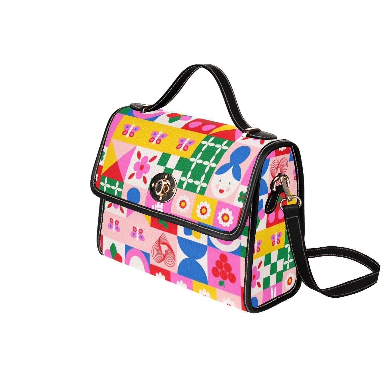 Colorful patchwork satchel purse, cute icon handbag, retro pop art crossbody bag, playful top handle purse