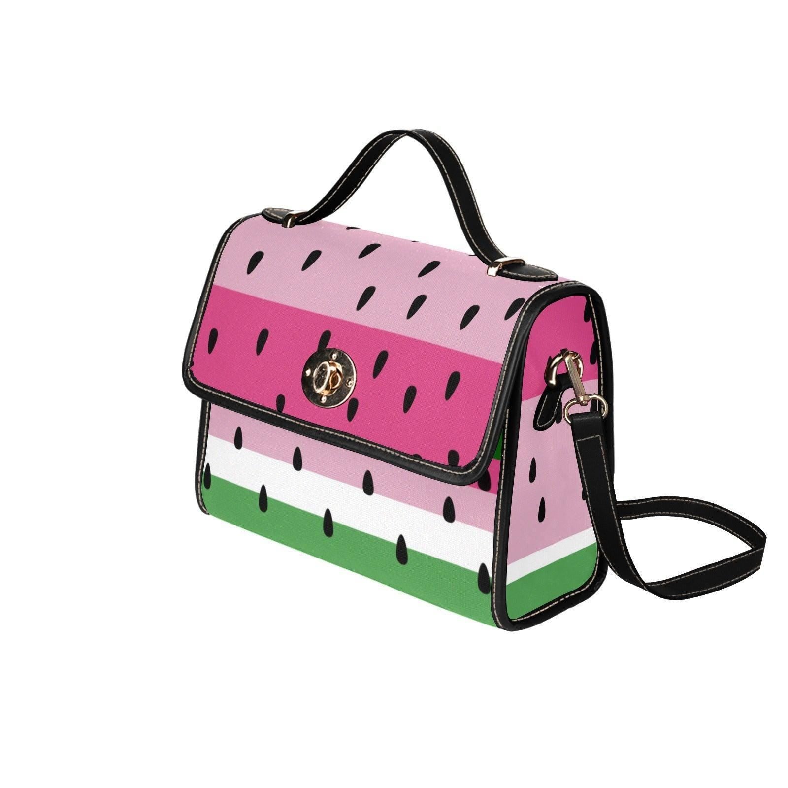 Watermelon stripe satchel purse, pink fruit print handbag, summer picnic crossbody bag, cute top handle bag