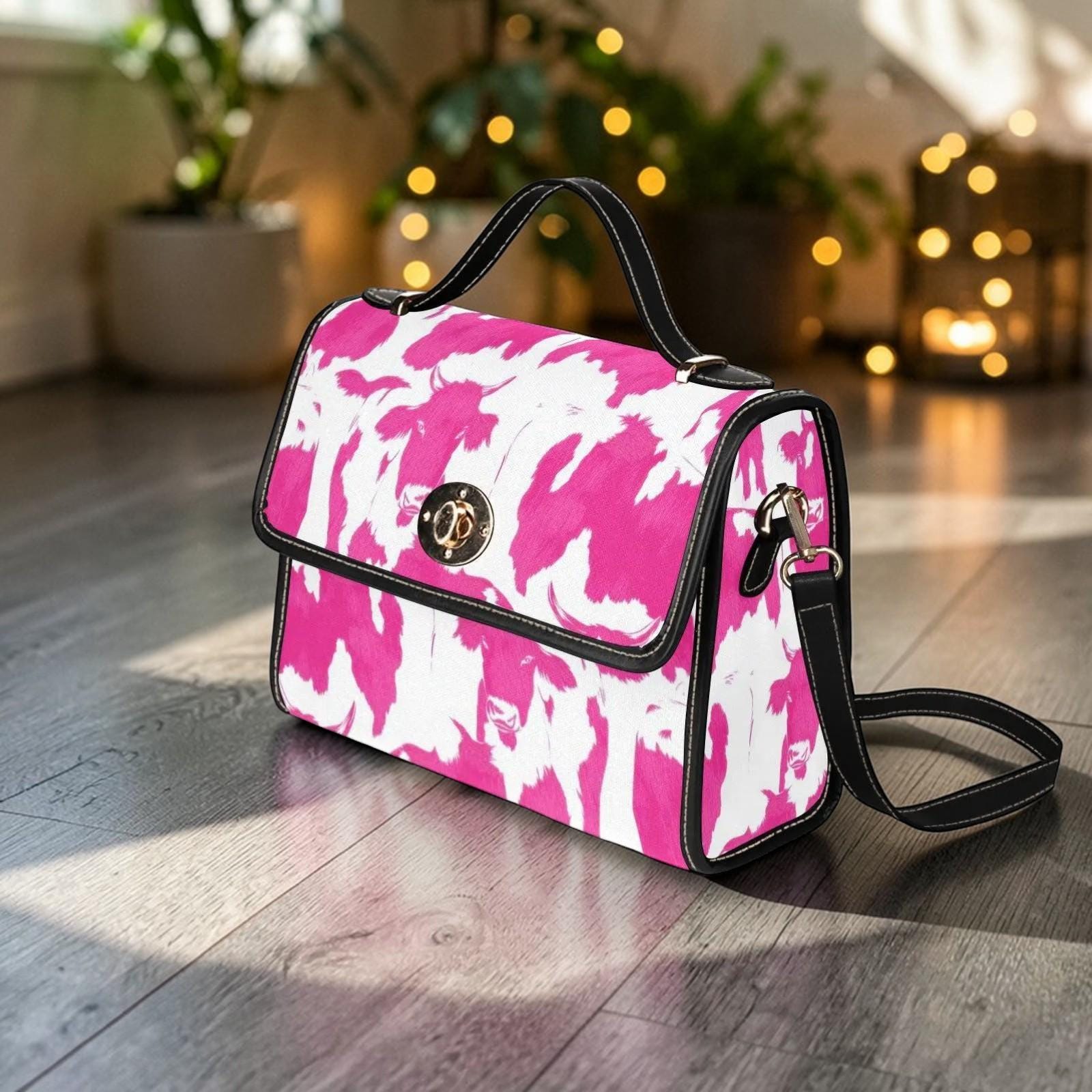 Pink Cow Print Satchel Bag, Western Top Handle Crossbody Purse for Farmcore and Y2K Style