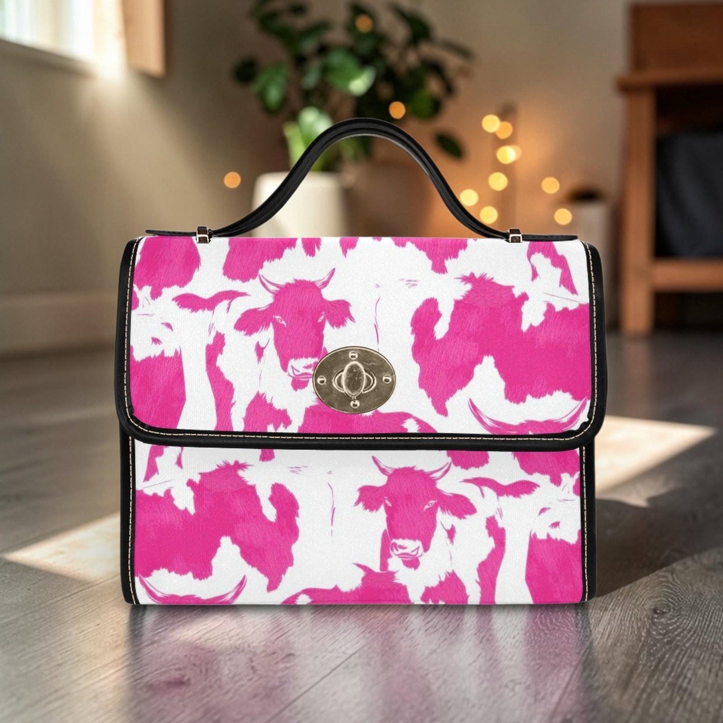 Pink Cow Print Satchel Bag, Western Top Handle Crossbody Purse for Farmcore and Y2K Style