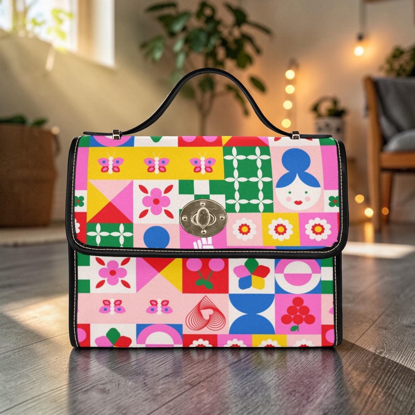 Colorful patchwork satchel purse, cute icon handbag, retro pop art crossbody bag, playful top handle purse