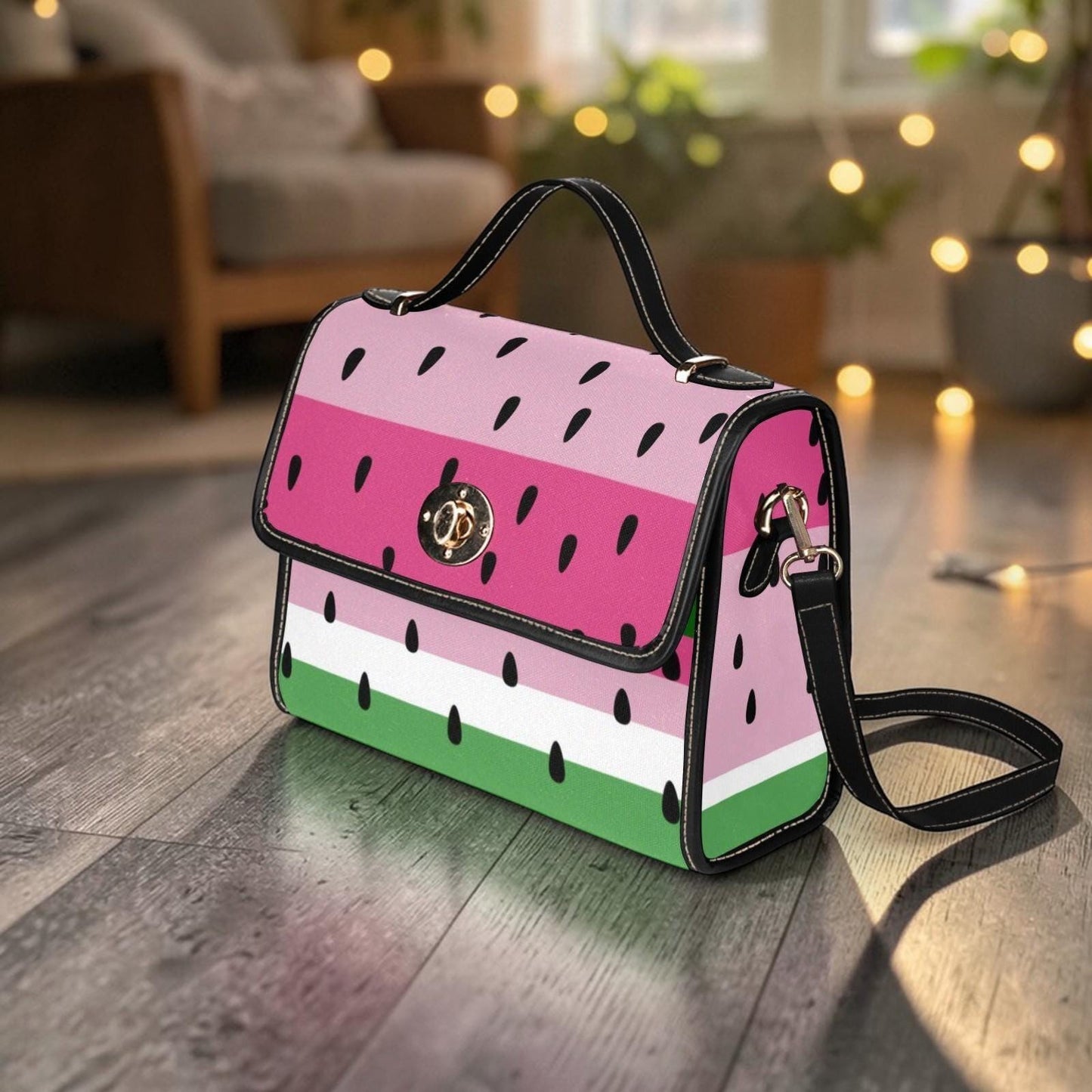 Watermelon stripe satchel purse, pink fruit print handbag, summer picnic crossbody bag, cute top handle bag