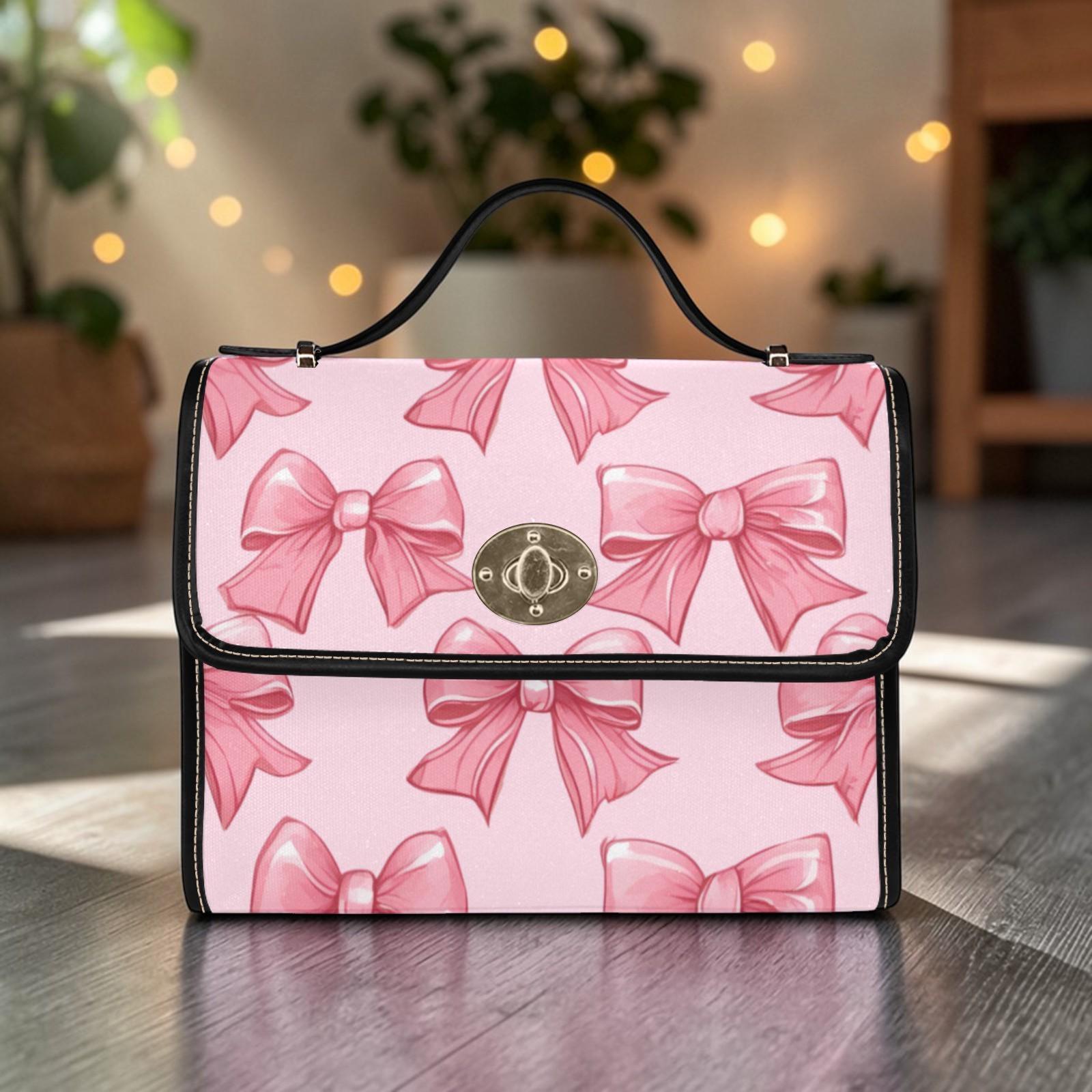 Pink Bow Satchel Purse, Waterproof Canvas Crossbody, Y2K Coquette Handbag, Girly Soft Girl Bag