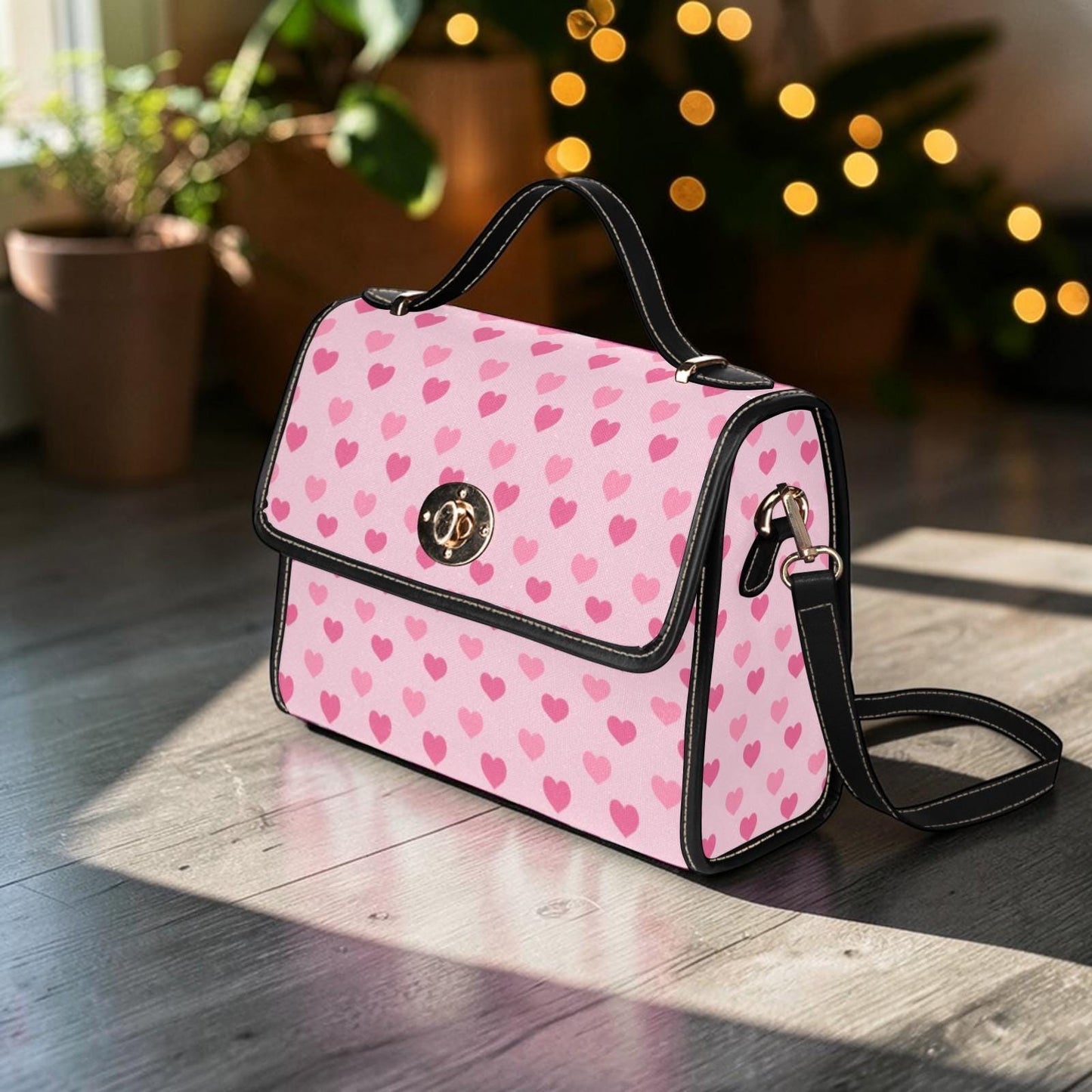 Pink heart satchel purse, kawaii crossbody bag, soft girl handbag, Y2K style vegan leather, cute love print, trendy pink bag