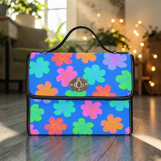 Neon floral crossbody bag, retro colorful satchel purse, summer statement handbag, vibrant daisy accessory