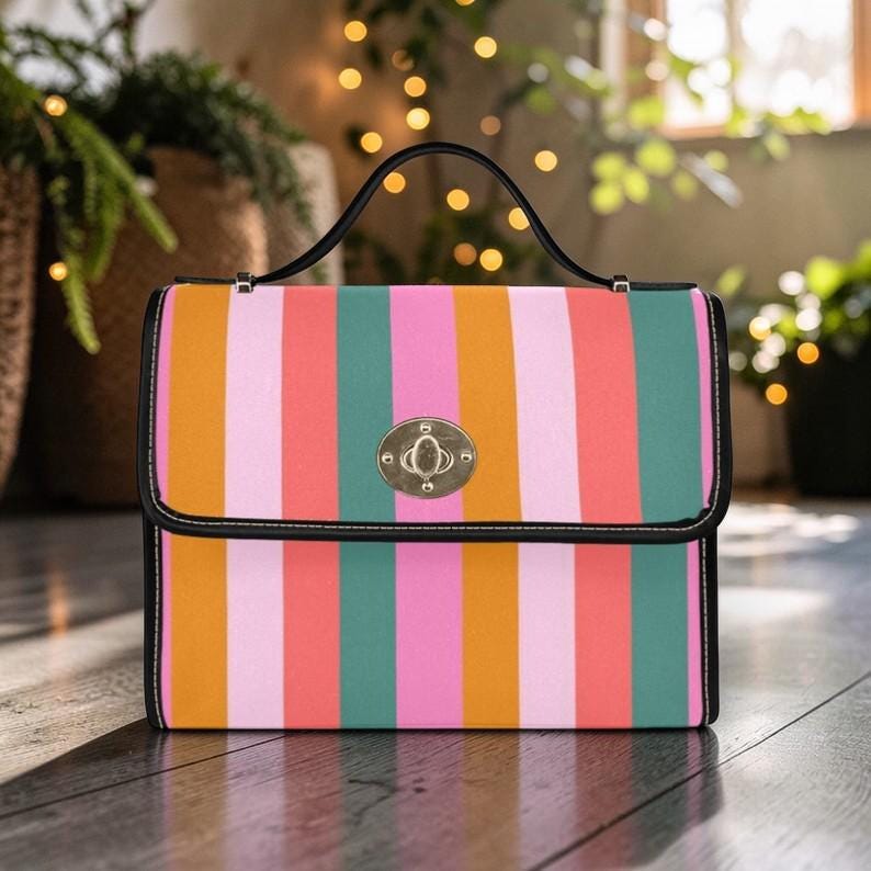 Colorful Striped Satchel Purse, Retro Top Handle Handbag, Groovy 70s Style Crossbody Bag