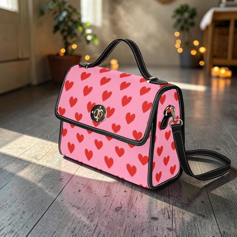 Pink Heart Crossbody Satchel Bag, Romantic Top Handle Handbag, Valentine Print Purse