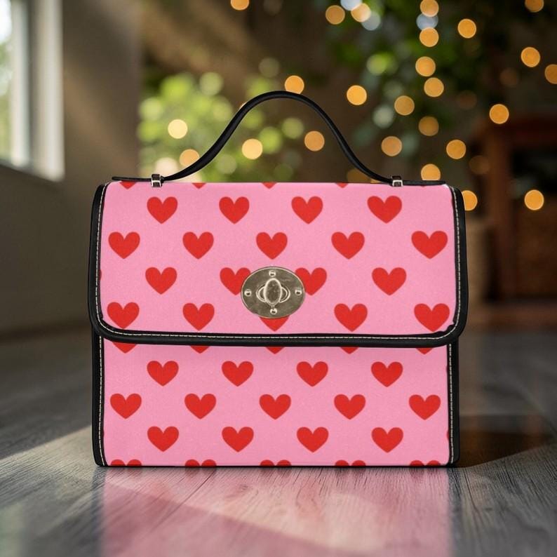 Pink Heart Crossbody Satchel Bag, Romantic Top Handle Handbag, Valentine Print Purse