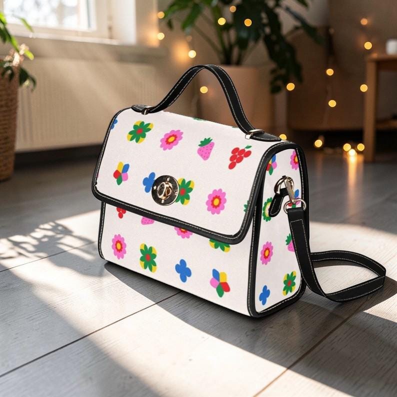 Retro fruit and floral print handbag, kawaii crossbody purse, colorful berry and flower bag