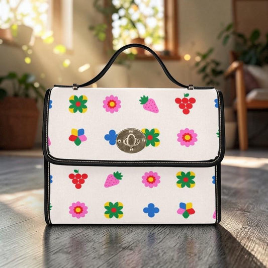Retro fruit and floral print handbag, kawaii crossbody purse, colorful berry and flower bag