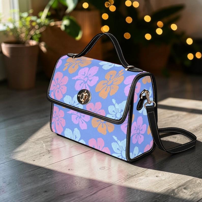 Hibiscus Top Handle Bag, Pastel Tropical Floral Clutch, Summer Resort Waterproof Purse