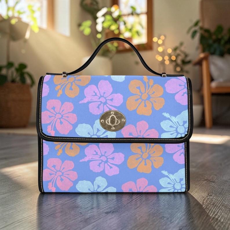 Hibiscus Top Handle Bag, Pastel Tropical Floral Clutch, Summer Resort Waterproof Purse