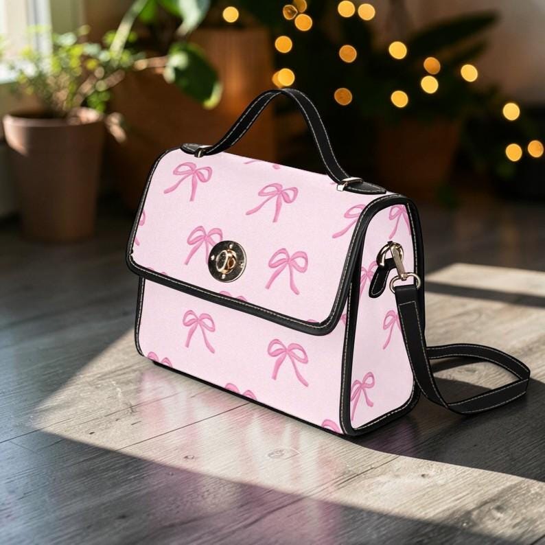 Pink Bow Crossbody Bag, Pastel Ribbon Canvas Purse, Vegan Leather Strap, Kawaii Soft Girl Handbag