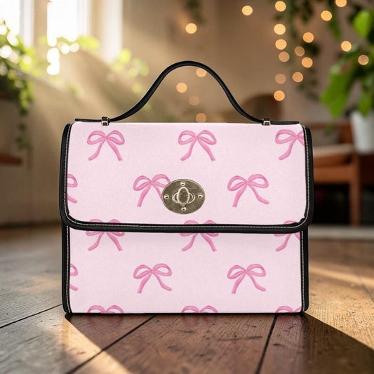 Pink Bow Crossbody Bag, Pastel Ribbon Canvas Purse, Vegan Leather Strap, Kawaii Soft Girl Handbag