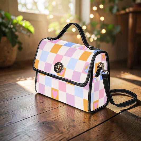 Pastel Checkerboard Peace Bag, Retro Grid Heart Top Handle Purse, Waterproof Canvas, Cute Festival Crossbody