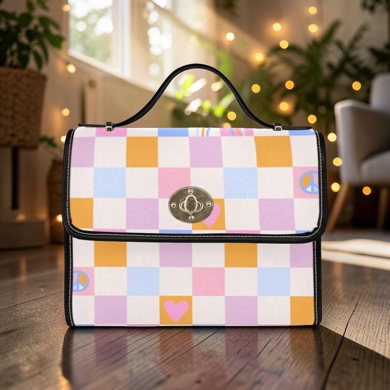 Pastel Checkerboard Peace Bag, Retro Grid Heart Top Handle Purse, Waterproof Canvas, Cute Festival Crossbody