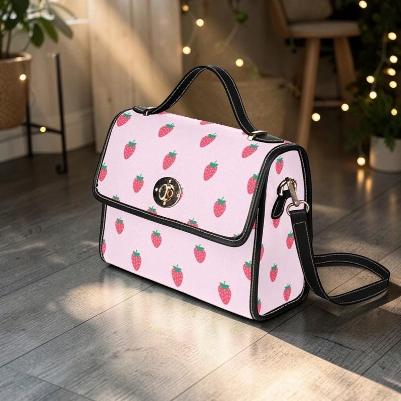 Pink Strawberry Print Satchel Bag, Kawaii Crossbody Handbag, Summer Fruit Purse
