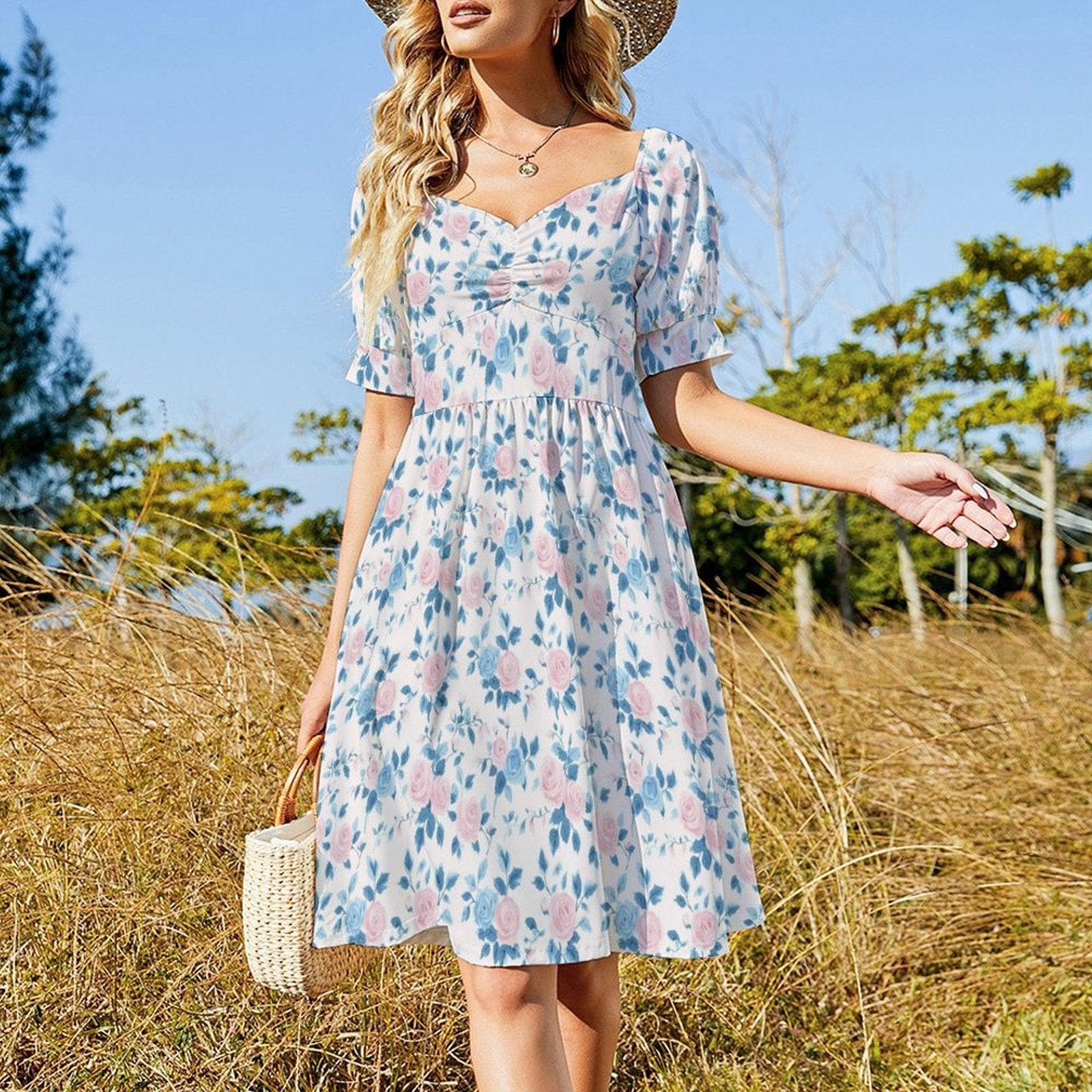 Blue Rose Midi Dress, Pastel Puff Sleeve, Ladylike Spring Brunch Outfit