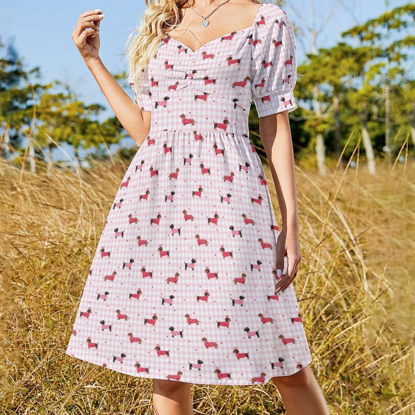 Pink Gingham Dachshund Midi Dress, Puff Sleeve Picnic Outfit, Dog Lover Fashion