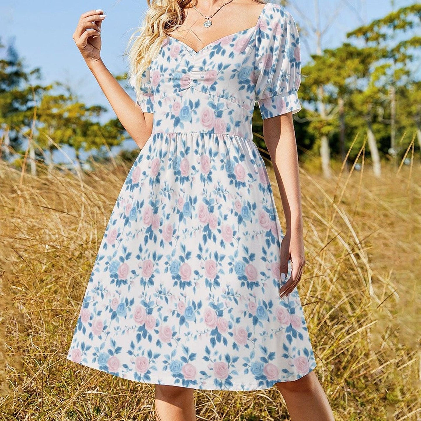 Blue Rose Midi Dress, Pastel Puff Sleeve, Ladylike Spring Brunch Outfit