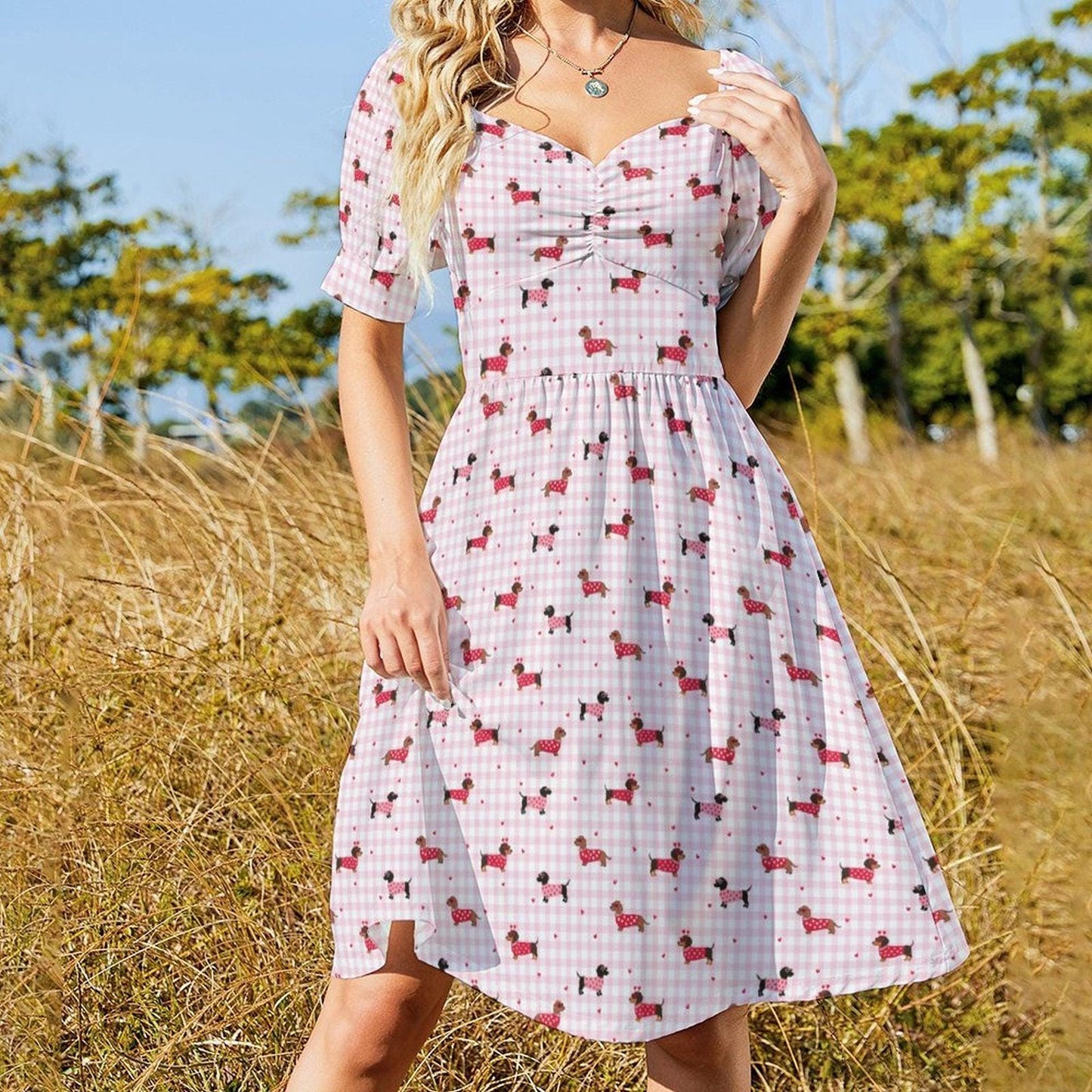 Pink Gingham Dachshund Midi Dress, Puff Sleeve Picnic Outfit, Dog Lover Fashion