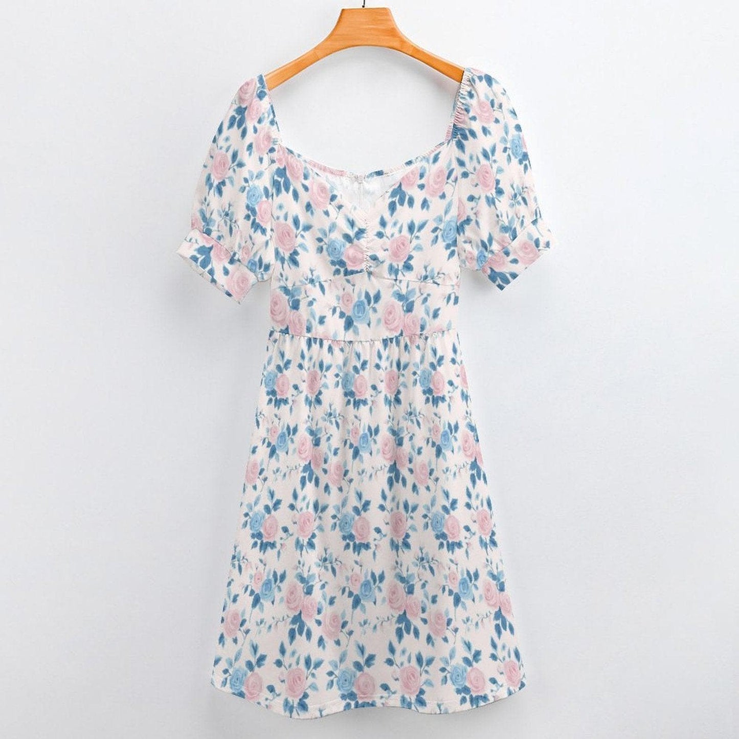 Blue Rose Midi Dress, Pastel Puff Sleeve, Ladylike Spring Brunch Outfit