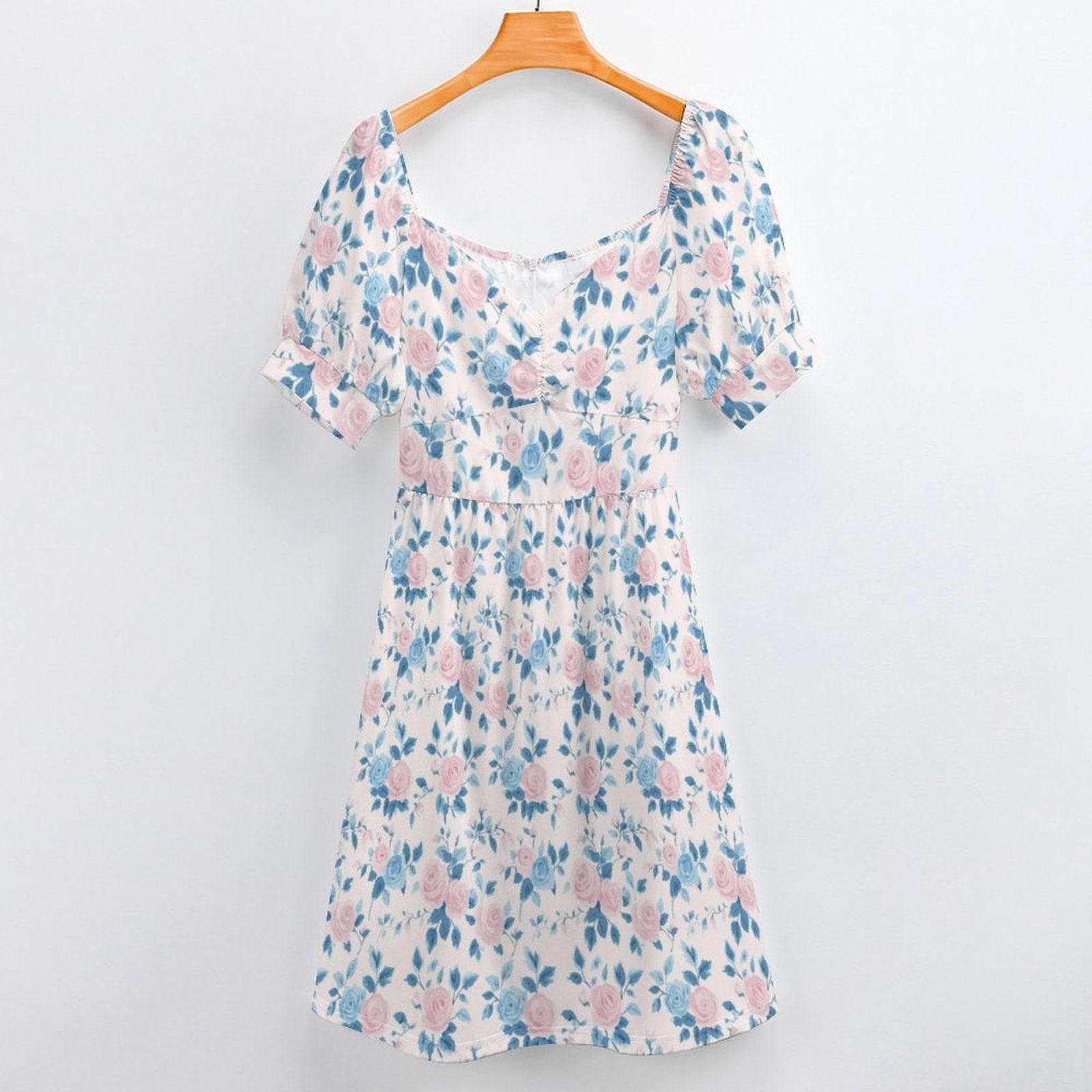 Blue Rose Midi Dress, Pastel Puff Sleeve, Ladylike Spring Brunch Outfit