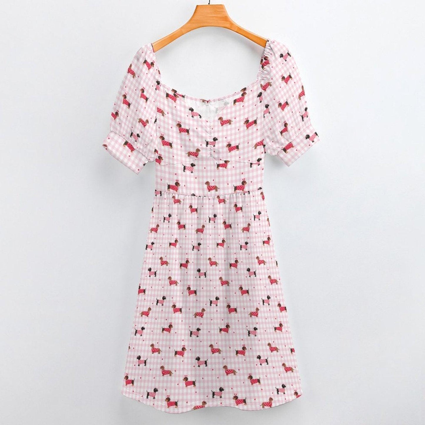 Pink Gingham Dachshund Midi Dress, Puff Sleeve Picnic Outfit, Dog Lover Fashion