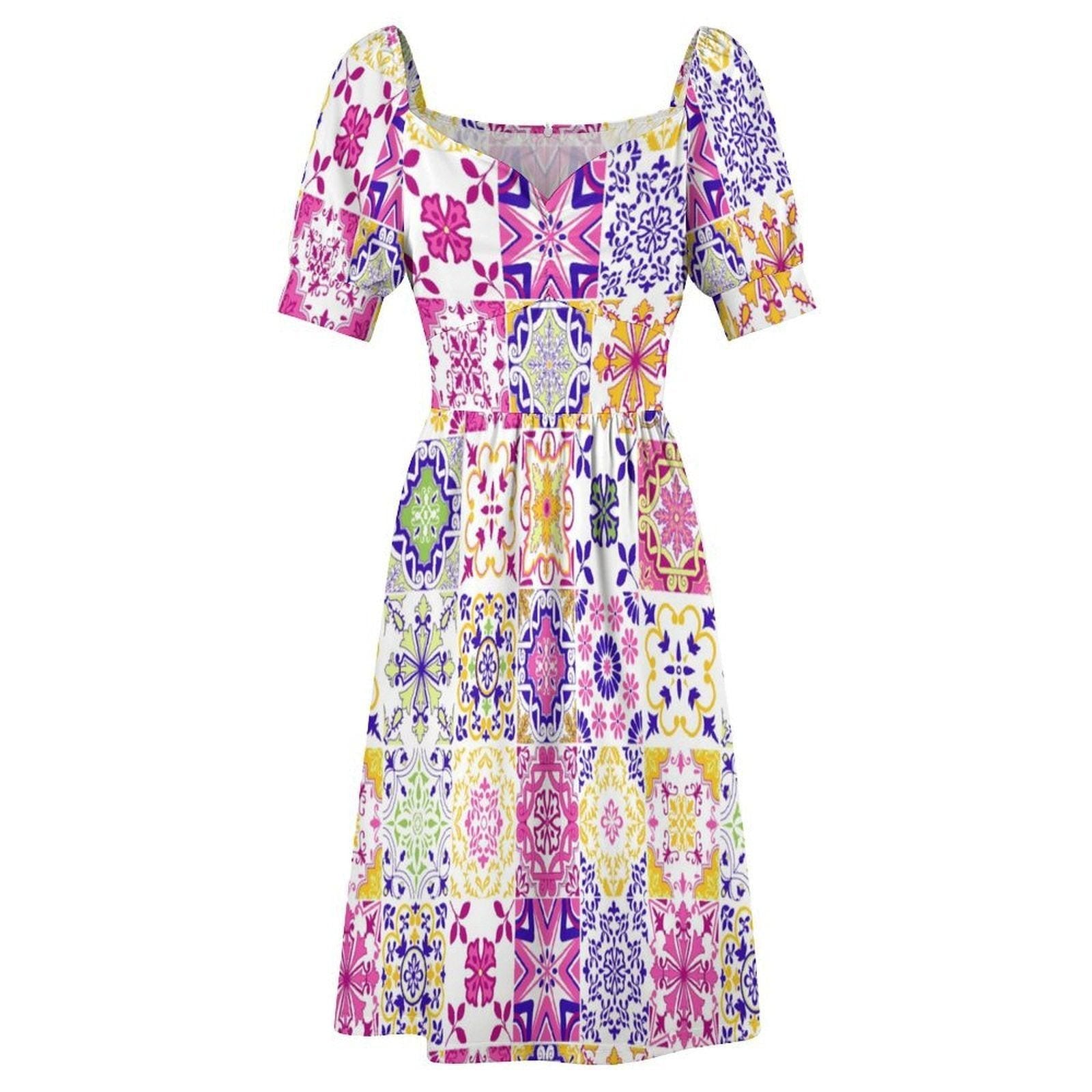 Tile Print Midi Dress, Mediterranean Puff Sleeve, Colorful Mosaic Vacation Outfit