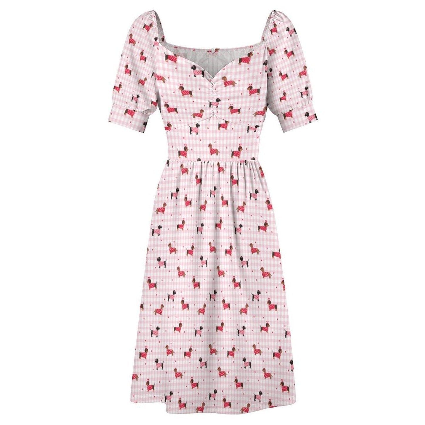 Pink Gingham Dachshund Midi Dress, Puff Sleeve Picnic Outfit, Dog Lover Fashion